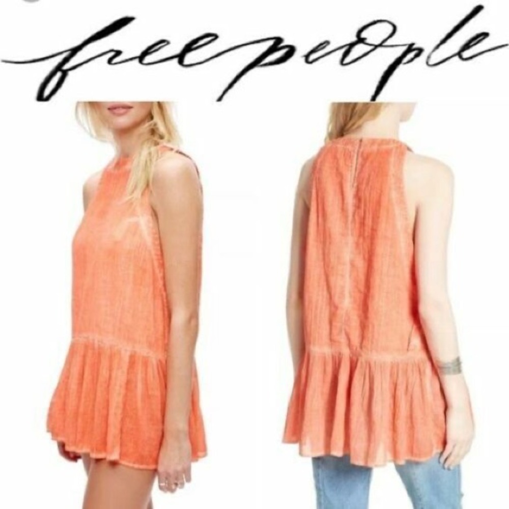 Free People Coral Linen Blend Tunic Dress Top M Boho Sleeveless Drop Waist
